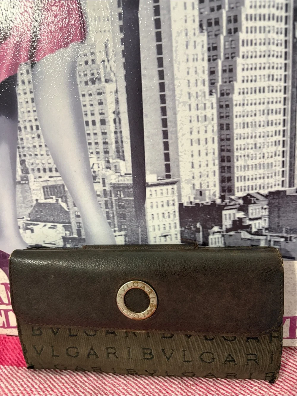 Bulgari Dark Brown Leather Logo Continental Wallet with Gold Accent